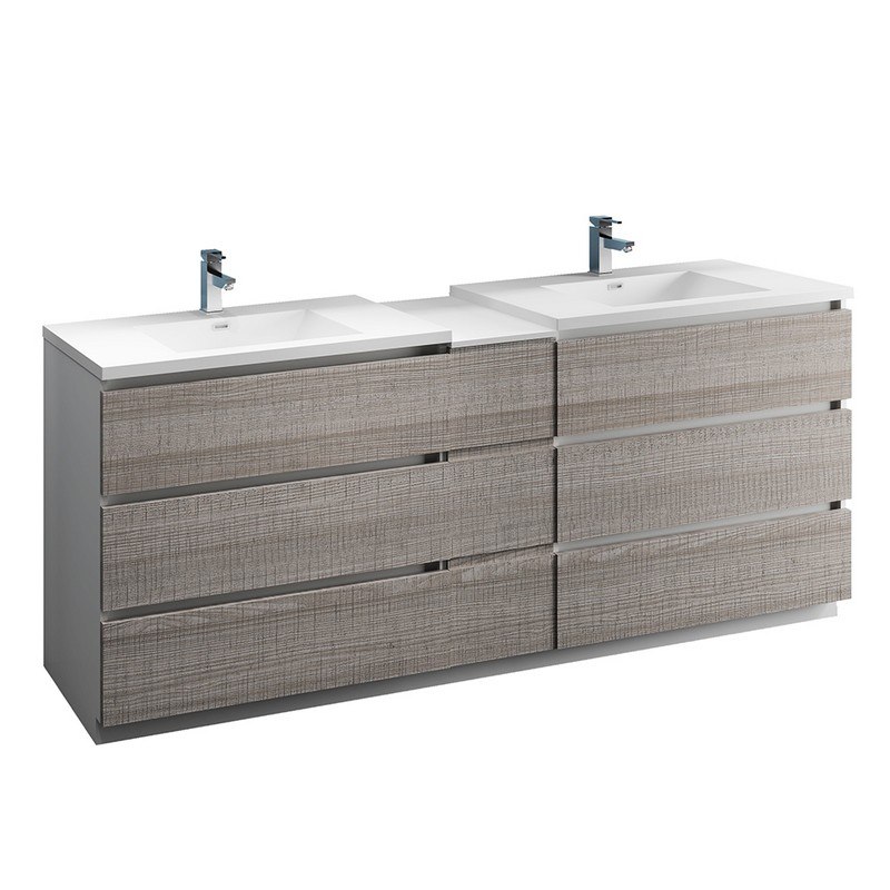 FRESCA FCB93-361236HA-D-I LAZZARO 84 INCH GLOSSY ASH GRAY FREE STANDING DOUBLE SINK MODERN BATHROOM CABINET WITH INTEGRATED SINKS