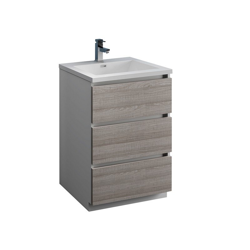 FRESCA FCB9324HA-I LAZZARO 24 INCH GLOSSY ASH GRAY FREE STANDING MODERN BATHROOM CABINET WITH INTEGRATED SINK