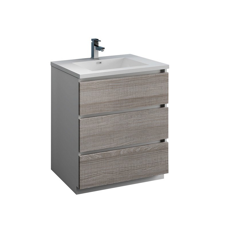 FRESCA FCB9330HA-I LAZZARO 30 INCH GLOSSY ASH GRAY FREE STANDING MODERN BATHROOM CABINET WITH INTEGRATED SINK