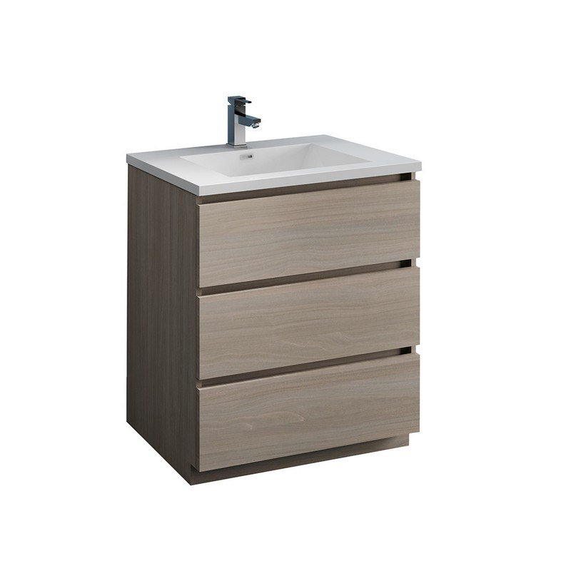 FRESCA FCB9330MGO-I LAZZARO 30 INCH GRAY WOOD FREE STANDING MODERN BATHROOM CABINET WITH INTEGRATED SINK