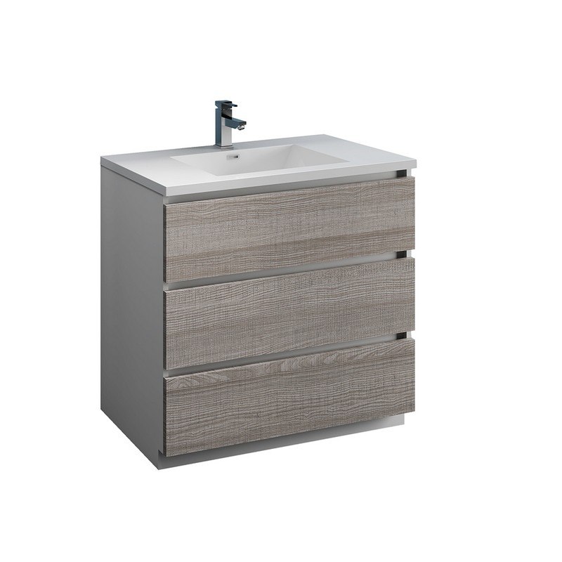 FRESCA FCB9336HA-I LAZZARO 36 INCH GLOSSY ASH GRAY FREE STANDING MODERN BATHROOM CABINET WITH INTEGRATED SINK