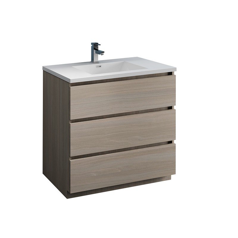 FRESCA FCB9336MGO-I LAZZARO 36 INCH GRAY WOOD FREE STANDING MODERN BATHROOM CABINET WITH INTEGRATED SINK