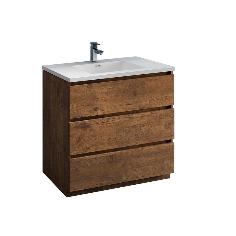 FRESCA FCB9336RW-I LAZZARO 36 INCH ROSEWOOD FREE STANDING MODERN BATHROOM CABINET WITH INTEGRATED SINK