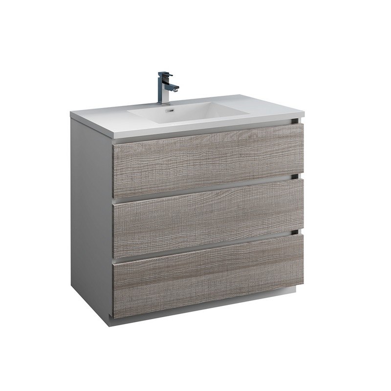 FRESCA FCB9342HA-I LAZZARO 42 INCH GLOSSY ASH GRAY FREE STANDING MODERN BATHROOM CABINET WITH INTEGRATED SINK