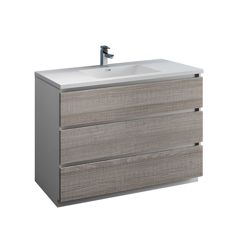 FRESCA FCB9348HA-I LAZZARO 48 INCH GLOSSY ASH GRAY FREE STANDING MODERN BATHROOM CABINET WITH INTEGRATED SINK