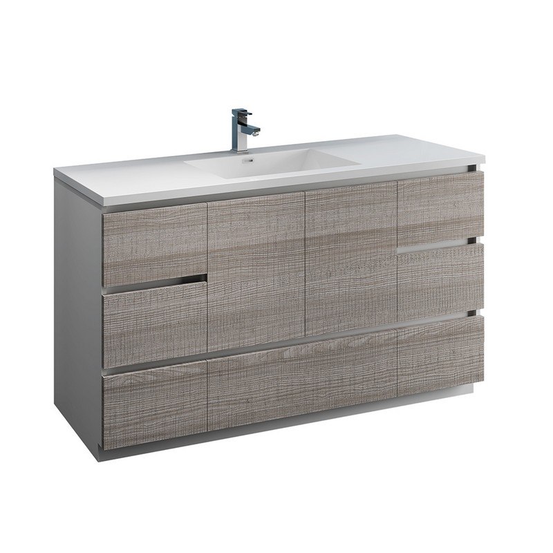 FRESCA FCB9360HA-S-I LAZZARO 60 INCH GLOSSY ASH GRAY FREE STANDING MODERN BATHROOM CABINET WITH INTEGRATED SINGLE SINK