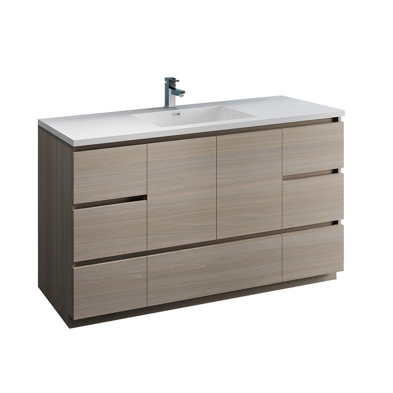 FRESCA FCB9360MGO-S-I LAZZARO 60 INCH GRAY WOOD FREE STANDING MODERN BATHROOM CABINET WITH INTEGRATED SINGLE SINK