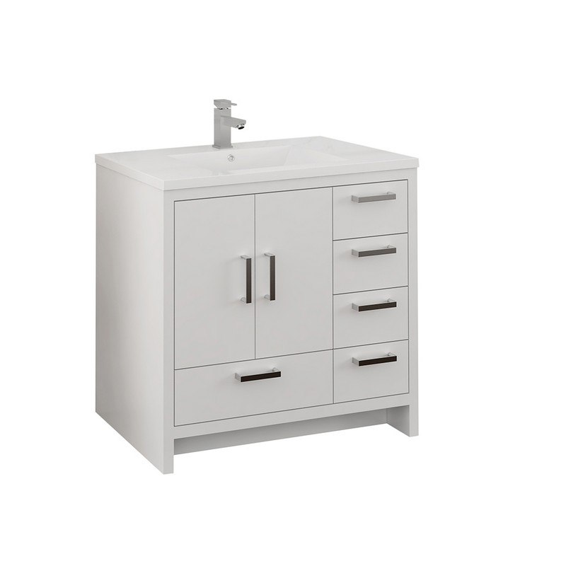 FRESCA FCB9436WH-R-I IMPERIA 36 INCH GLOSSY WHITE FREE STANDING MODERN BATHROOM CABINET WITH INTEGRATED SINK - RIGHT VERSION