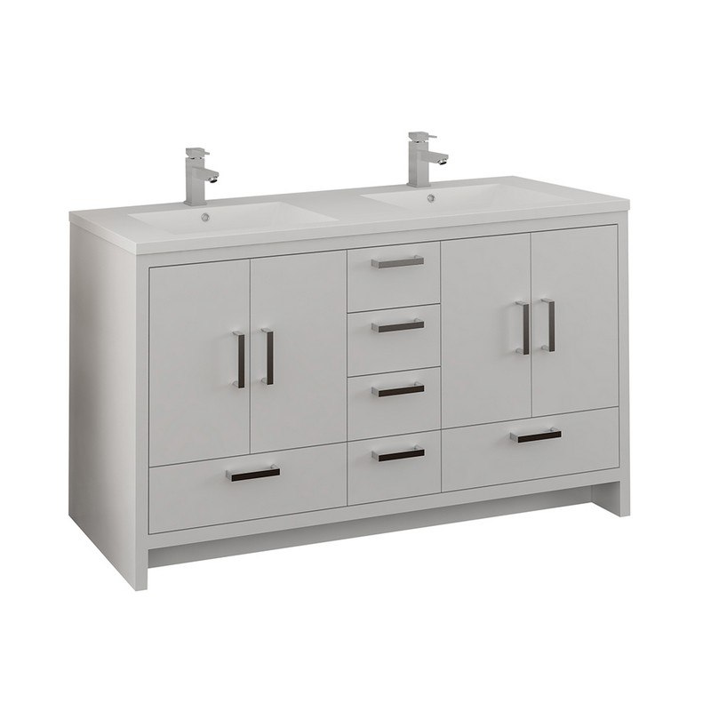 FRESCA FCB9460WH-D-I IMPERIA 60 INCH GLOSSY WHITE FREE STANDING MODERN BATHROOM CABINET WITH INTEGRATED DOUBLE SINK