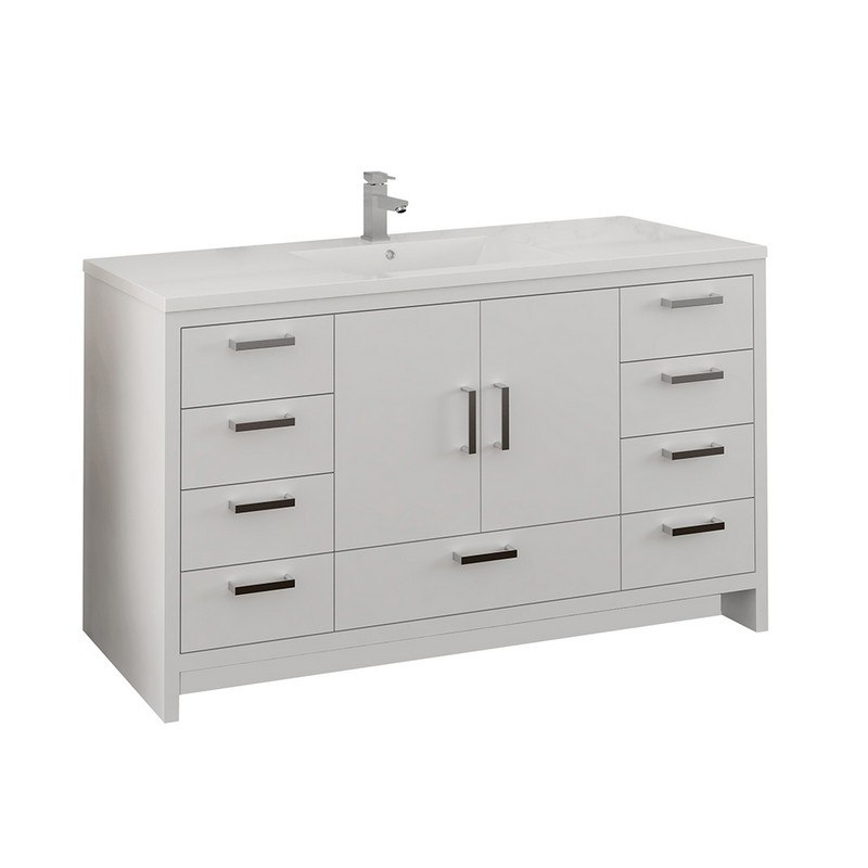 FRESCA FCB9460WH-S-I IMPERIA 60 INCH GLOSSY WHITE FREE STANDING MODERN BATHROOM CABINET WITH INTEGRATED SINGLE SINK