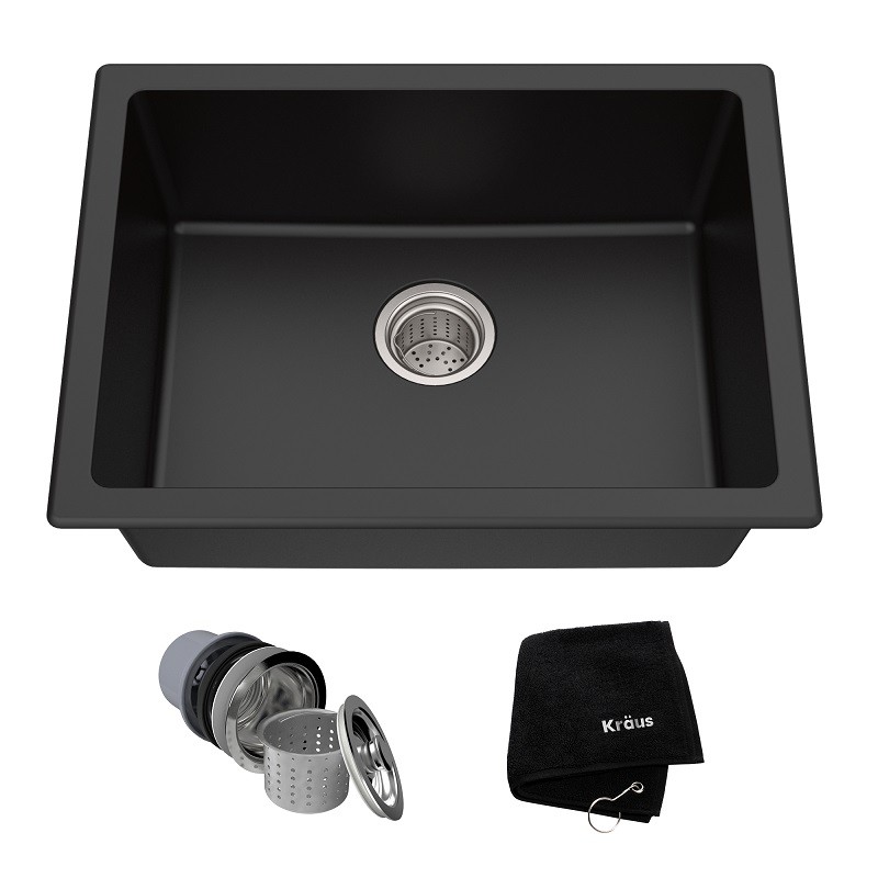 KRAUS KGD-410B QUARZA 24 INCH DUAL MOUNT GRANITE SINGLE BOWL KITCHEN SINK WITH TOPMOUNT AND UNDERMOUNT INSTALLATION IN BLACK ONYX