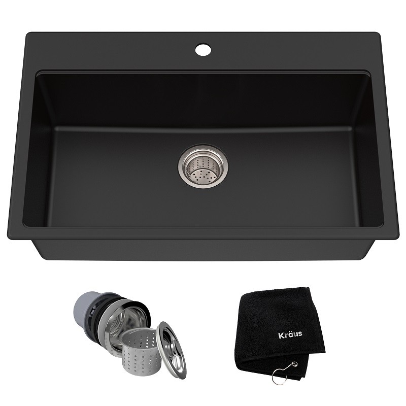 KRAUS KGD-412B QUARZA 31 INCH DUAL MOUNT GRANITE SINGLE BOWL KITCHEN SINK WITH TOPMOUNT AND UNDERMOUNT INSTALLATION IN BLACK ONYX