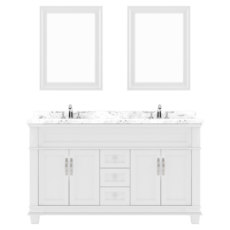 VIRTU USA MD-2660-CMRO VICTORIA 60 INCH DOUBLE BATH VANITY WITH CULTURED MARBLE QUARTZ TOP AND ROUND SINKS AND MATCHING MIRROR WITHOUT FAUCET