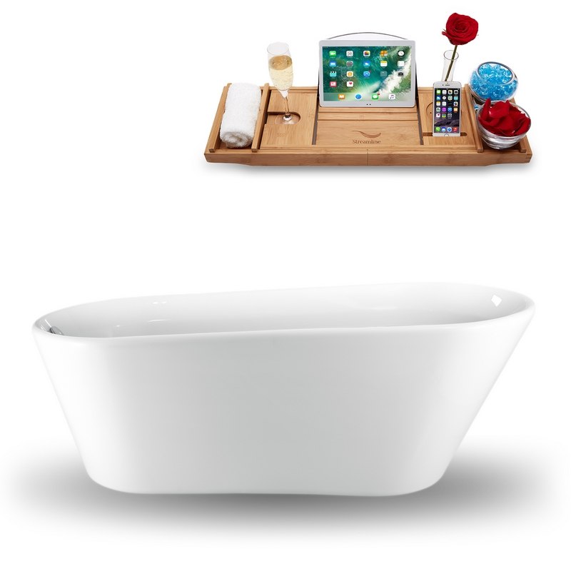 STREAMLINE N-1520-61FSWH-FM 61 INCH FREESTANDING TUB IN GLOSSY WHITE WITH INTERNAL DRAIN, AND TRAY