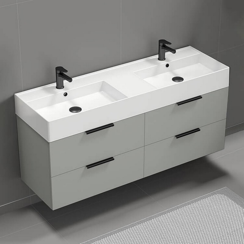 NAMEEKS DERIND DERIN 55 1/2 INCH WALL MOUNTED DOUBLE BATH VANITY WITH TOP IN WHITE