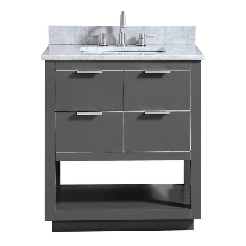 AVANITY ALLIE-VS31-TGS-C ALLIE 31 INCH VANITY COMBO IN TWILIGHT GRAY WITH SILVER TRIM AND CARRARA WHITE MARBLE TOP