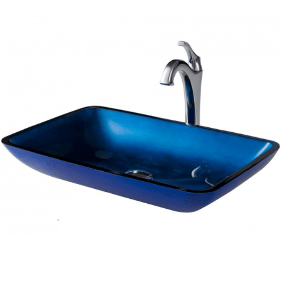 KRAUS C-GVR-204-RE-1200 22 INCH RECTANGULAR BLUE GLASS BATHROOM VESSEL SINK AND ARLO FAUCET COMBO SET WITH POP-UP DRAIN