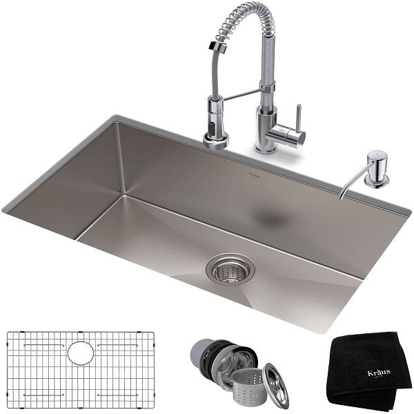 KRAUS KHU100-32-1610-53 32 INCH STAINLESS STEEL KITCHEN SINK AND COMMERCIAL PULL-DOWN KITCHEN FAUCET SET