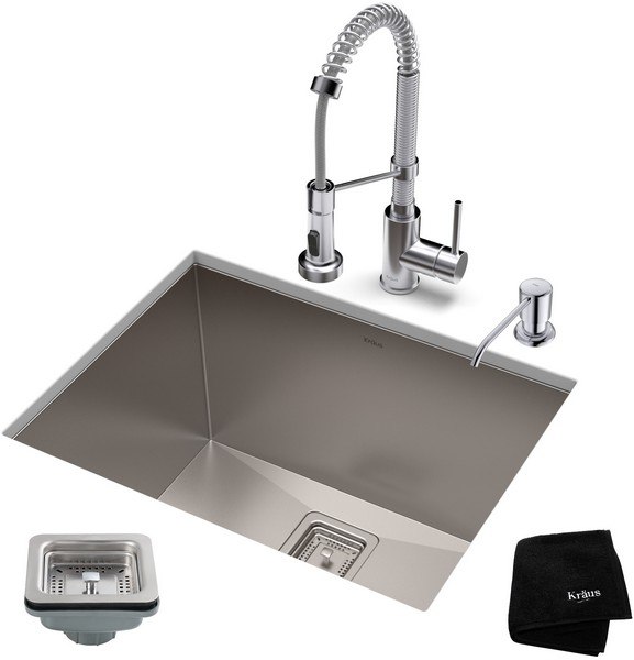 KRAUS KHU24L-1610-53 24 INCH STAINLESS STEEL LAUNDRY / UTILITY SINK AND BOLDEN COMMERCIAL PULL-DOWN KITCHEN FAUCET SET