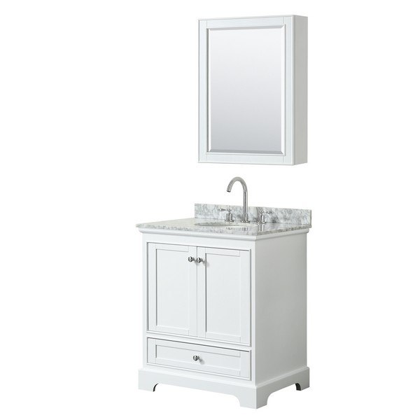WYNDHAM COLLECTION WCS202030SWHCMUNOMED DEBORAH 30 INCH SINGLE BATHROOM VANITY IN WHITE WITH WHITE CARRARA MARBLE COUNTERTOP, UNDERMOUNT OVAL SINK AND MEDICINE CABINET