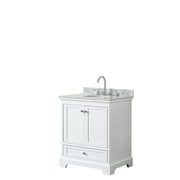 WYNDHAM COLLECTION WCS202030SWHCMUNOMXX DEBORAH 30 INCH SINGLE BATHROOM VANITY IN WHITE WITH WHITE CARRARA MARBLE COUNTERTOP AND UNDERMOUNT OVAL SINK
