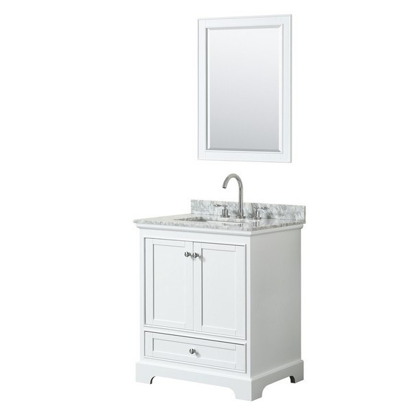 WYNDHAM COLLECTION WCS202030SWHCMUNSM24 DEBORAH 30 INCH SINGLE BATHROOM VANITY IN WHITE WITH WHITE CARRARA MARBLE COUNTERTOP, UNDERMOUNT SQUARE SINK AND 24 INCH MIRROR