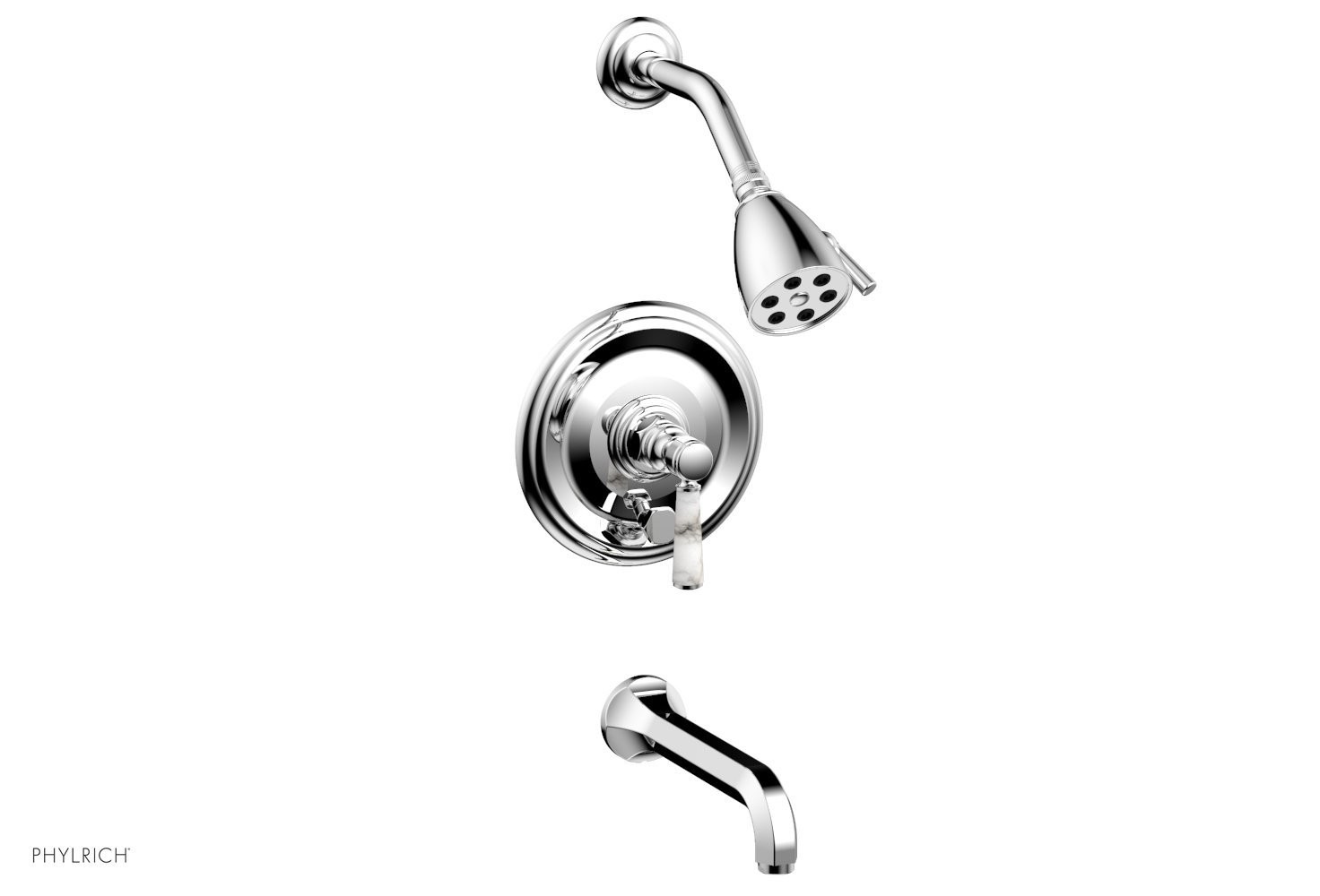 PHYLRICH 500-28-031 HEX TRADITIONAL WALL MOUNT PRESSURE BALANCE TUB AND SHOWER SET WITH WHITE MARBLE LEVER HANDLE