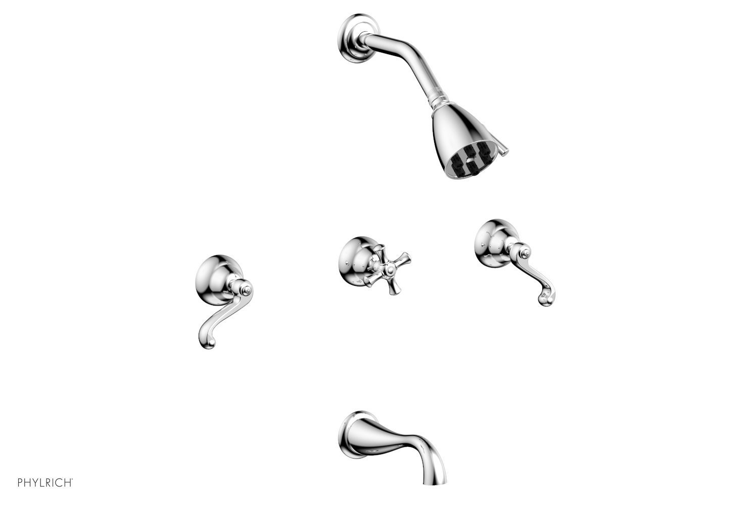 PHYLRICH D2102 REVERE & SAVANNAH WALL MOUNT THERMOSTATIC TUB AND SHOWER SET WITH TWO CURVED LEVER HANDLES