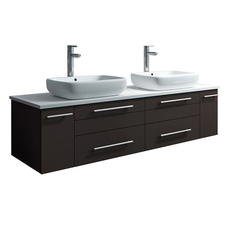 FRESCA FCB6160ES-VSL-D-CWH-V LUCERA 60 INCH ESPRESSO WALL HUNG MODERN BATHROOM CABINET WITH TOP AND DOUBLE VESSEL SINKS