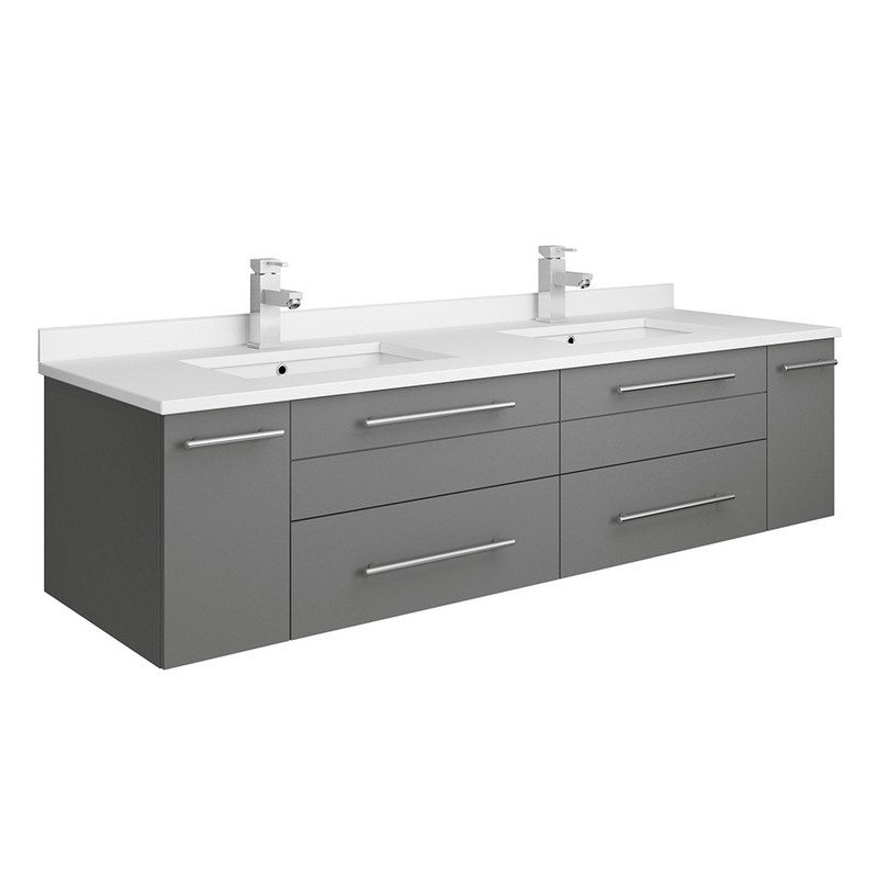 FRESCA FCB6160GR-UNS-D-CWH-U LUCERA 60 INCH GRAY WALL HUNG MODERN BATHROOM CABINET WITH TOP AND DOUBLE UNDERMOUNT SINKS
