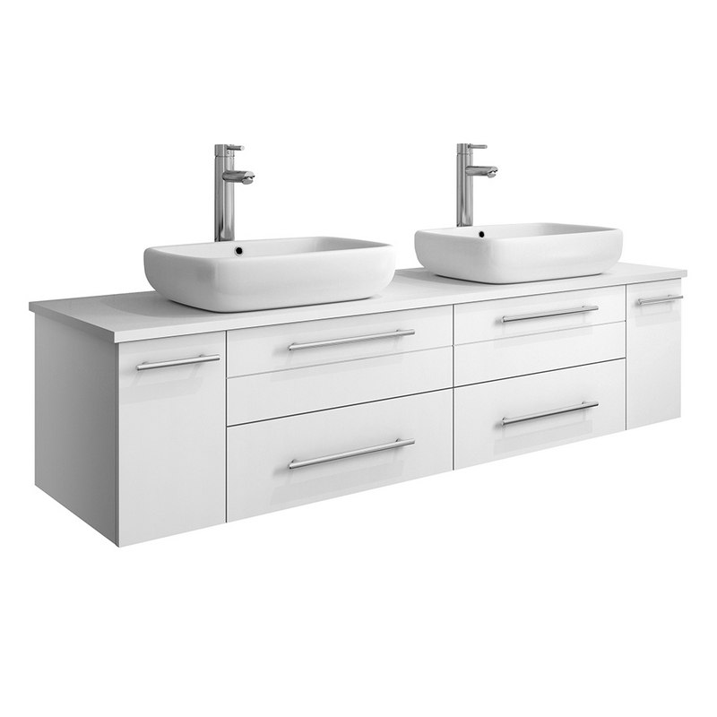 FRESCA FCB6160WH-VSL-D-CWH-V LUCERA 60 INCH WHITE WALL HUNG MODERN BATHROOM CABINET WITH TOP AND DOUBLE VESSEL SINKS