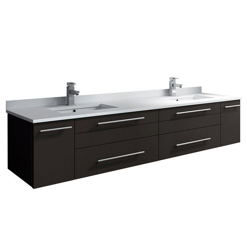FRESCA FCB6172ES-UNS-D-CWH-U LUCERA 72 INCH ESPRESSO WALL HUNG MODERN BATHROOM CABINET WITH TOP AND DOUBLE UNDERMOUNT SINKS