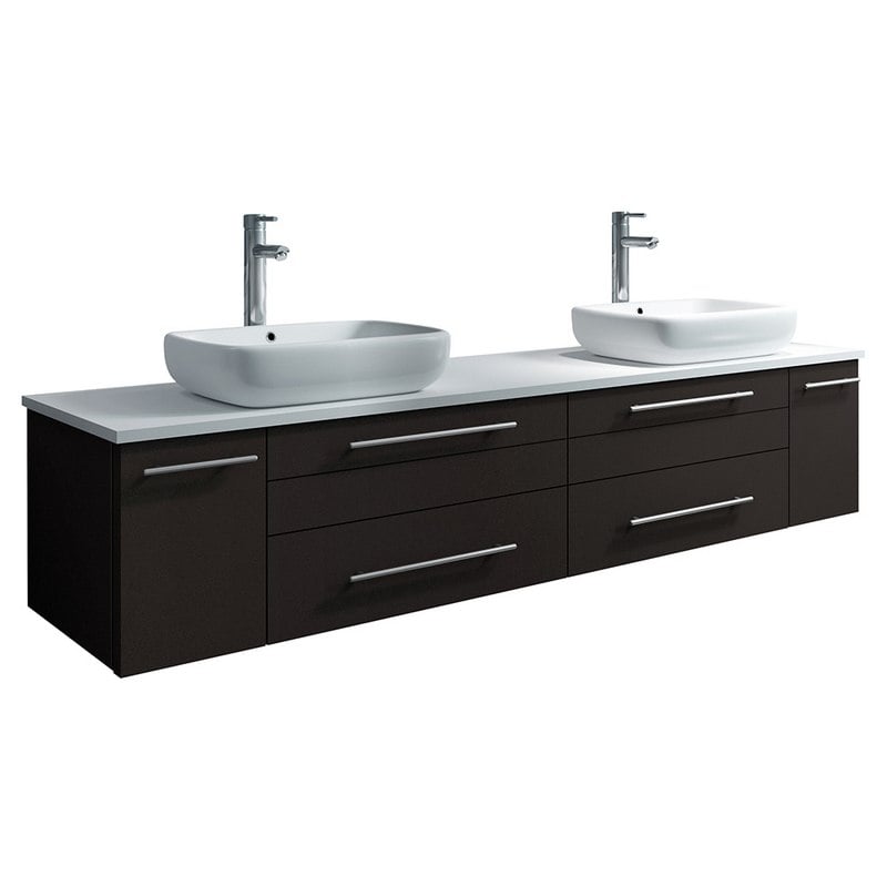 FRESCA FCB6172ES-VSL-D-CWH-V LUCERA 72 INCH ESPRESSO WALL HUNG MODERN BATHROOM CABINET WITH TOP AND DOUBLE VESSEL SINKS