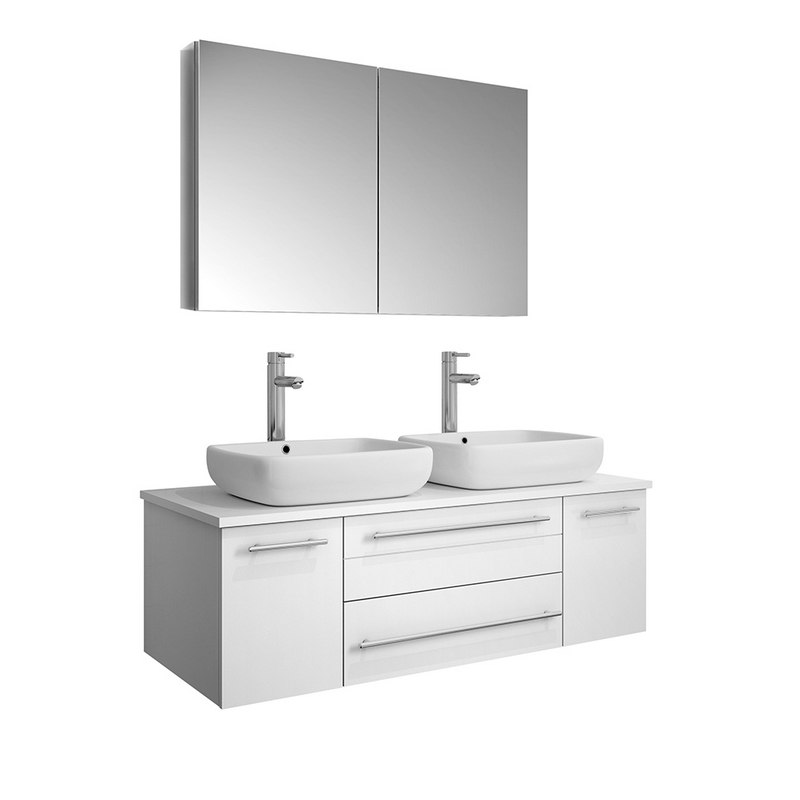 FRESCA FVN6148WH-VSL-D LUCERA 48 INCH WHITE WALL HUNG DOUBLE VESSEL SINK MODERN BATHROOM VANITY WITH MEDICINE CABINET
