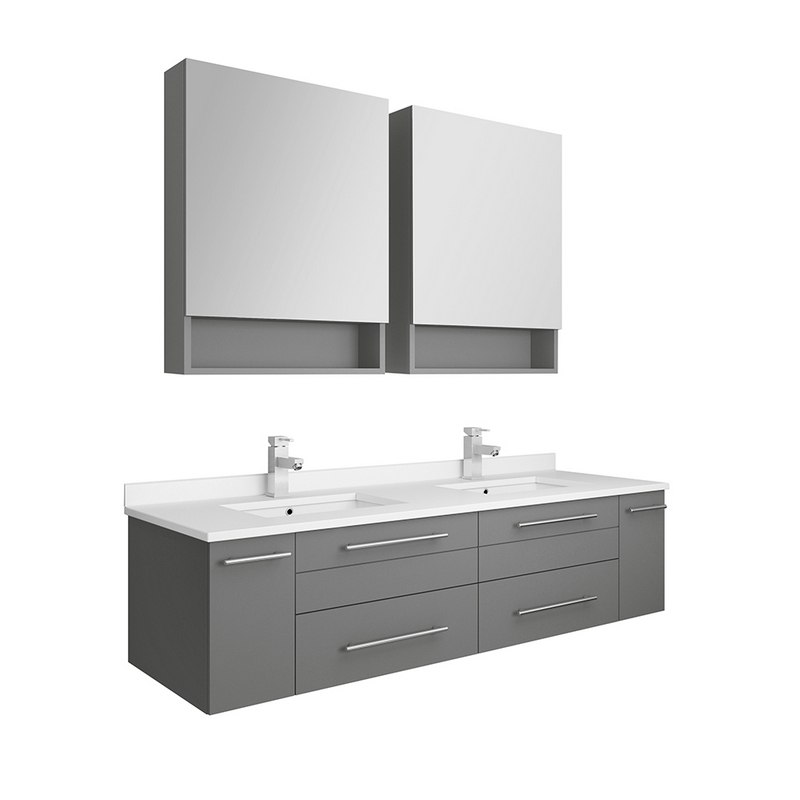 FRESCA FVN6160GR-UNS-D LUCERA 60 INCH GRAY WALL HUNG DOUBLE UNDERMOUNT SINK MODERN BATHROOM VANITY WITH MEDICINE CABINETS