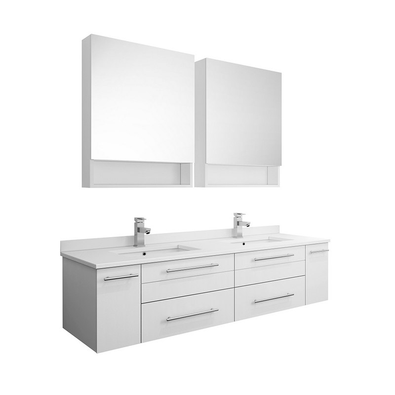 FRESCA FVN6160WH-UNS-D LUCERA 60 INCH WHITE WALL HUNG DOUBLE UNDERMOUNT SINK MODERN BATHROOM VANITY WITH MEDICINE CABINETS