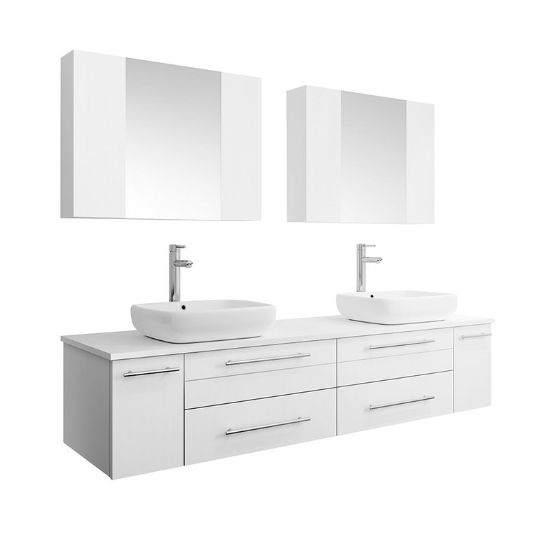 FRESCA FVN6172WH-VSL-D LUCERA 72 INCH WHITE WALL HUNG DOUBLE VESSEL SINK MODERN BATHROOM VANITY WITH MEDICINE CABINETS