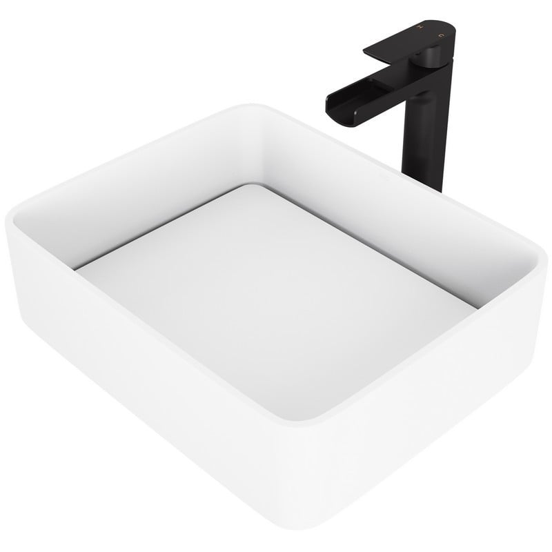 VIGO VGT947 JASMINE MATTE STONE VESSEL BATHROOM SINK SET WITH AMADA FAUCET IN MATTE BLACK