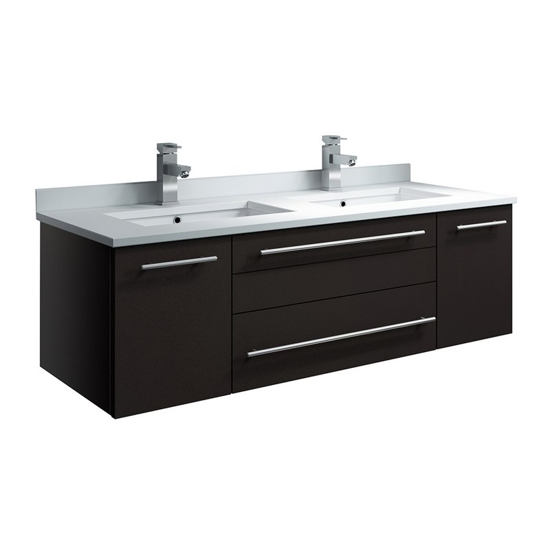FRESCA FCB6148ES-UNS-D-CWH-U LUCERA 48 INCH ESPRESSO WALL HUNG MODERN BATHROOM CABINET WITH TOP AND DOUBLE UNDERMOUNT SINKS