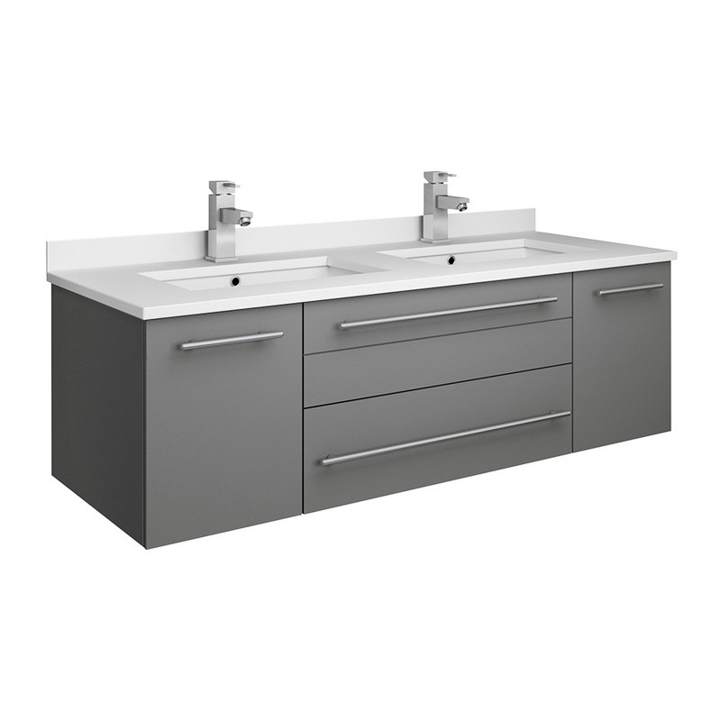 FRESCA FCB6148GR-UNS-D-CWH-U LUCERA 48 INCH GRAY WALL HUNG MODERN BATHROOM CABINET WITH TOP AND DOUBLE UNDERMOUNT SINKS
