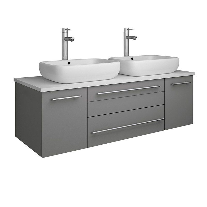 FRESCA FCB6148GR-VSL-D-CWH-V LUCERA 48 INCH GRAY WALL HUNG MODERN BATHROOM CABINET WITH TOP AND DOUBLE VESSEL SINKS