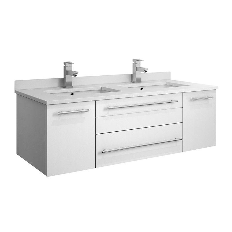 FRESCA FCB6148WH-UNS-D-CWH-U LUCERA 48 INCH WHITE WALL HUNG MODERN BATHROOM CABINET WITH TOP AND DOUBLE UNDERMOUNT SINKS