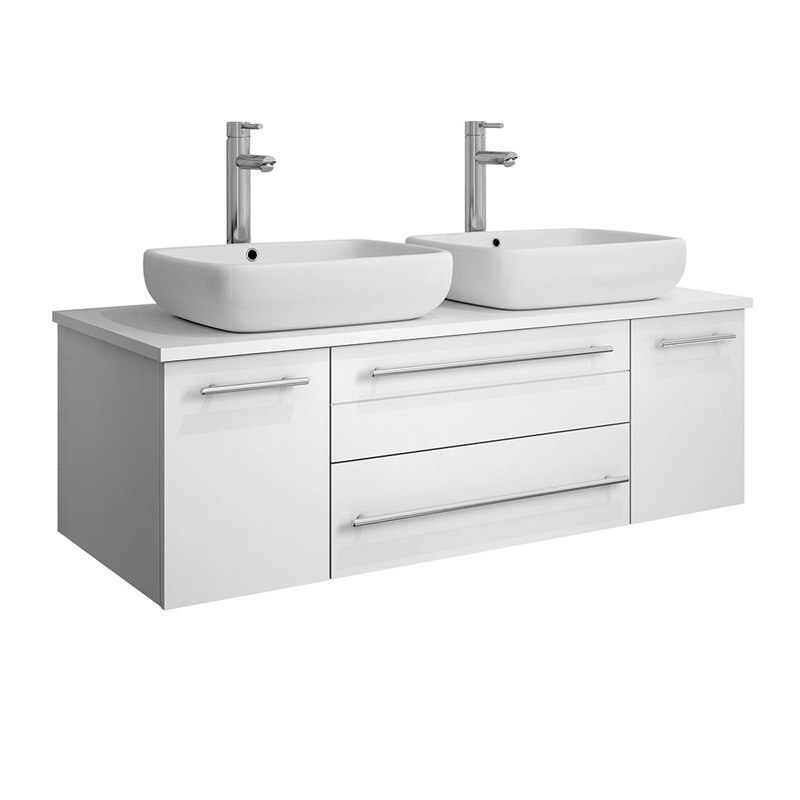 FRESCA FCB6148WH-VSL-D-CWH-V LUCERA 48 INCH WHITE WALL HUNG MODERN BATHROOM CABINET WITH TOP AND DOUBLE VESSEL SINKS