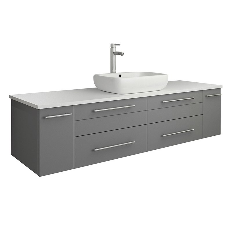 FRESCA FCB6160GR-VSL-CWH-V LUCERA 60 INCH GRAY WALL HUNG MODERN BATHROOM CABINET WITH TOP AND SINGLE VESSEL SINK