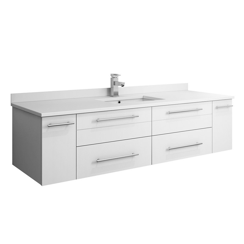FRESCA FCB6160WH-UNS-CWH-U LUCERA 60 INCH WHITE WALL HUNG MODERN BATHROOM CABINET WITH TOP AND SINGLE UNDERMOUNT SINK
