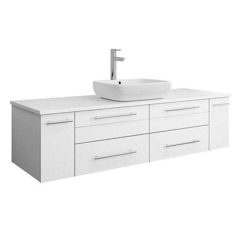 FRESCA FCB6160WH-VSL-CWH-V LUCERA 60 INCH WHITE WALL HUNG MODERN BATHROOM CABINET WITH TOP AND SINGLE VESSEL SINK
