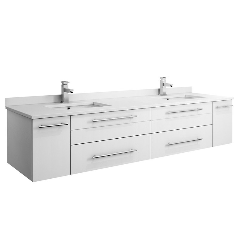 FRESCA FCB6172WH-UNS-D-CWH-U LUCERA 72 INCH WHITE WALL HUNG MODERN BATHROOM CABINET WITH TOP AND DOUBLE UNDERMOUNT SINKS