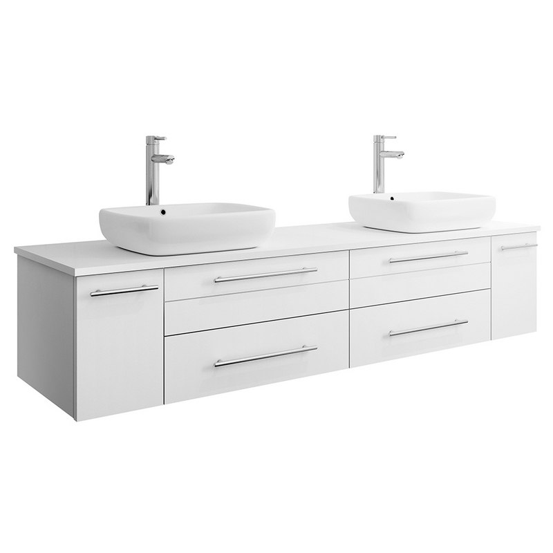 FRESCA FCB6172WH-VSL-D-CWH-V LUCERA 72 INCH WHITE WALL HUNG MODERN BATHROOM CABINET WITH TOP AND DOUBLE VESSEL SINKS
