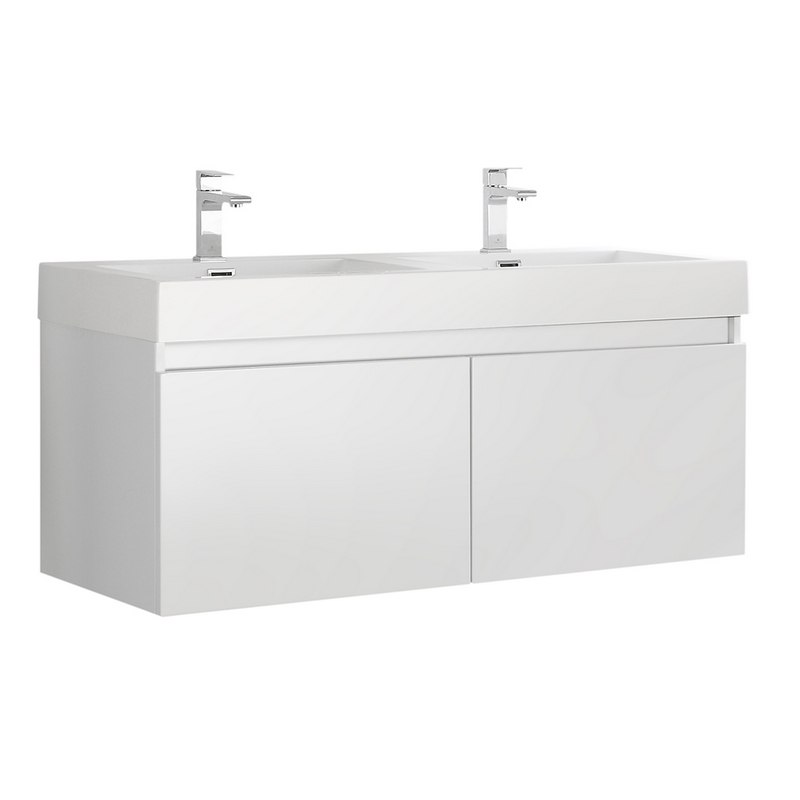 FRESCA FCB8012WH-I MEZZO 48 INCH WHITE WALL HUNG DOUBLE SINK MODERN BATHROOM CABINET WITH INTEGRATED SINK