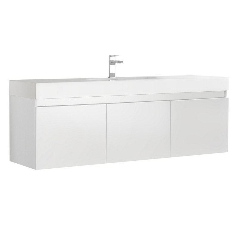 FRESCA FCB8041WH-I MEZZO 60 INCH WHITE WALL HUNG SINGLE SINK MODERN BATHROOM CABINET WITH INTEGRATED SINK